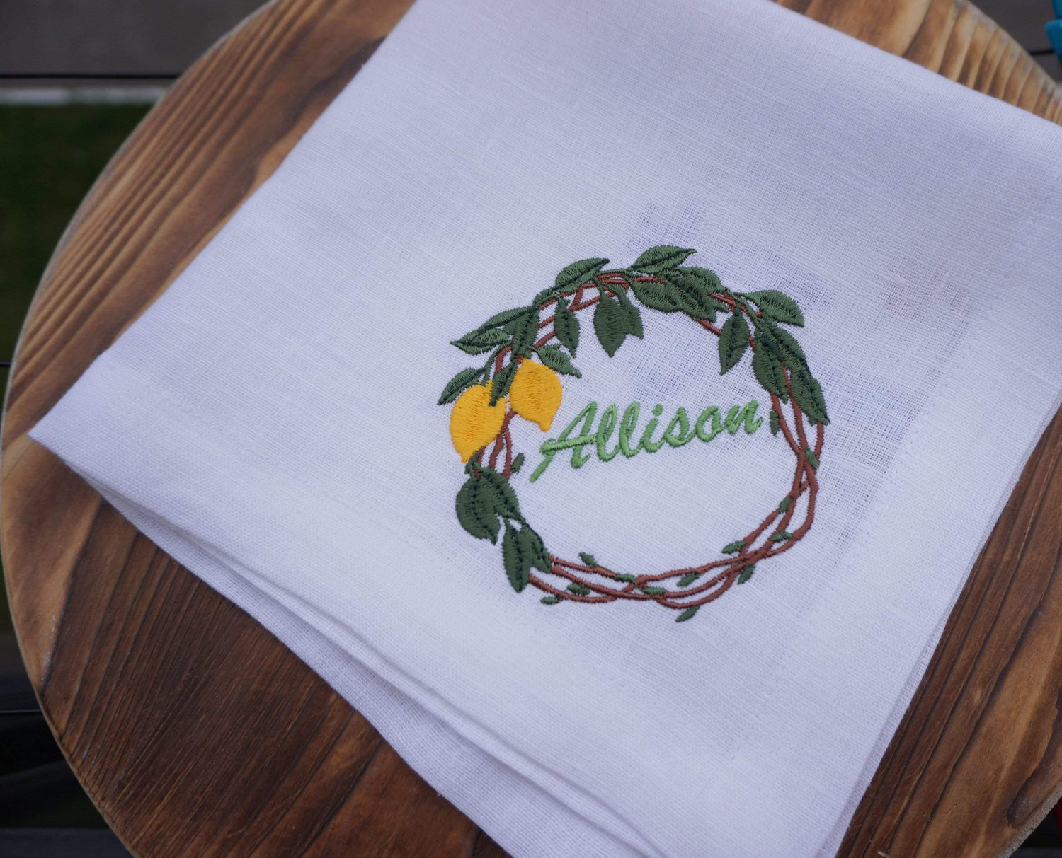 Cloth Embroidered Napkins, Wedding monogrammed napkins, personalized napkins, birthday napkins, table Dinner Napkins, Lemon Branch Napkins