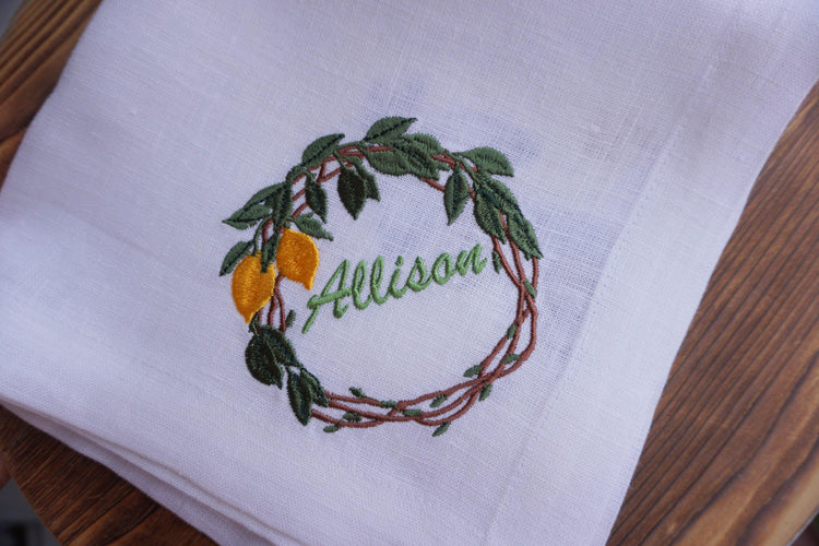 Cloth Embroidered Napkins, Wedding monogrammed napkins, personalized napkins, birthday napkins, table Dinner Napkins, Lemon Branch Napkins