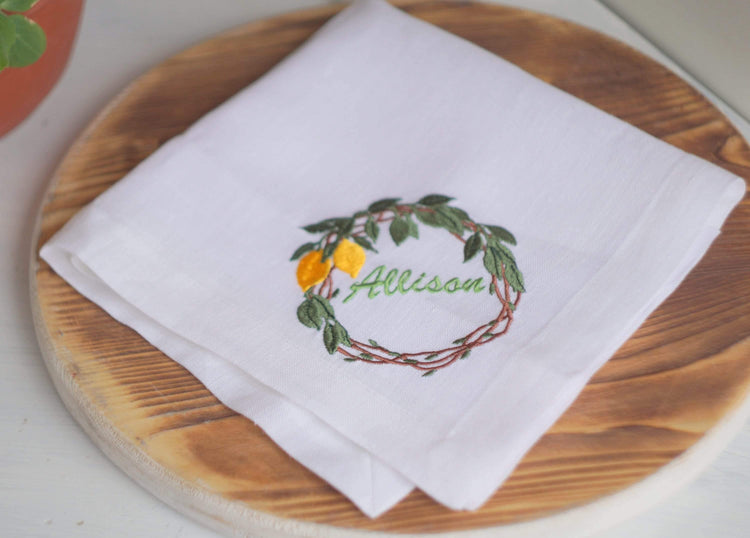 Cloth Embroidered Napkins, Wedding monogrammed napkins, personalized napkins, birthday napkins, table Dinner Napkins, Lemon Branch Napkins