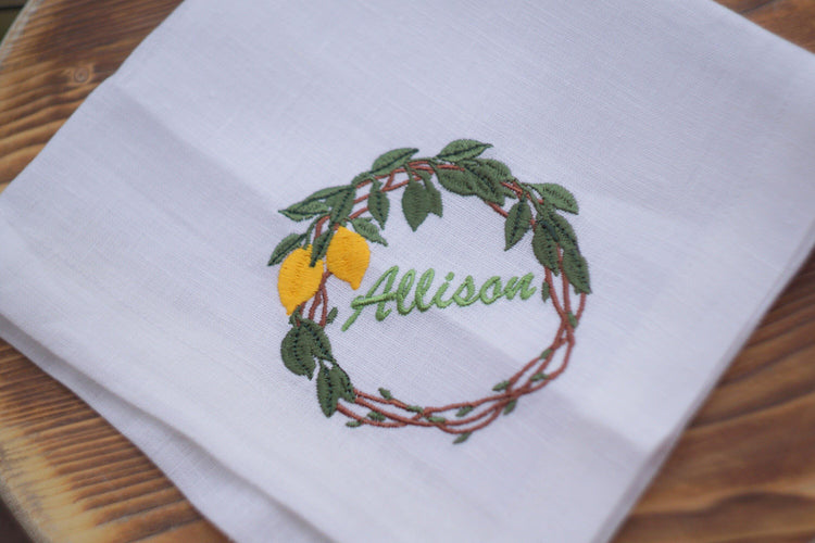 Cloth Embroidered Napkins, Wedding monogrammed napkins, personalized napkins, birthday napkins, table Dinner Napkins, Lemon Branch Napkins