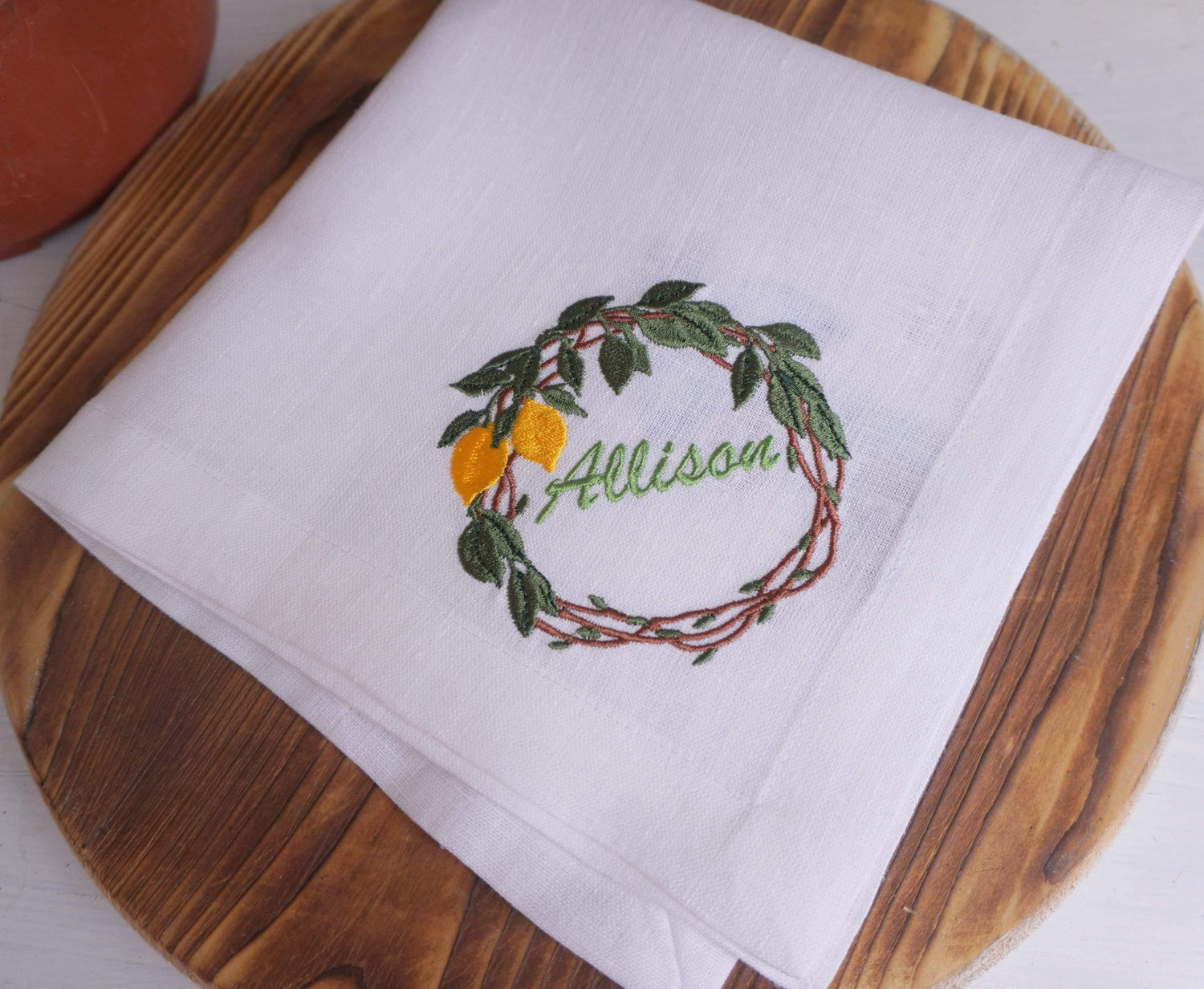 Cloth Embroidered Napkins, Wedding monogrammed napkins, personalized napkins, birthday napkins, table Dinner Napkins, Lemon Branch Napkins