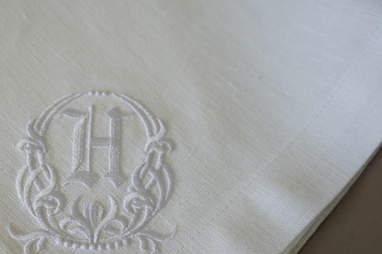 100% White Linen Napkins with Embroidered French Monogram with matt  Egyptian Thread