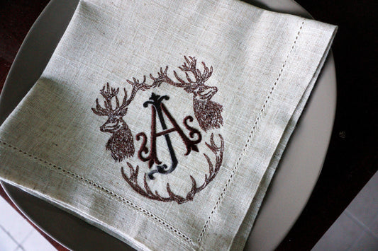 embroidered christmas deer cloth napkins, Holiday Table Decor, Embroidered Cloth Dinner Napkins, Stag Monogram Napkins, christmas napkins